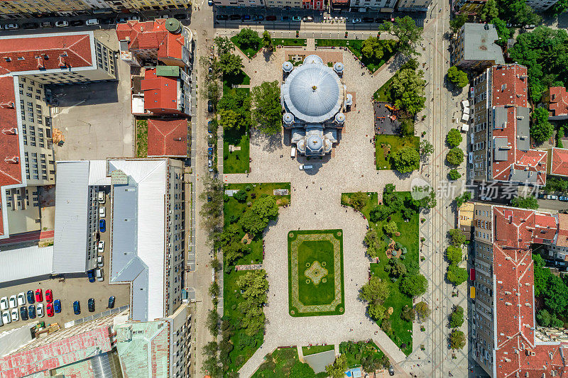 Aerial view of  St. Sedmochislenitsi Church in Sofia, Bulgaria  (Bulgarian: Църква Свети Седмочисленици, София, България)